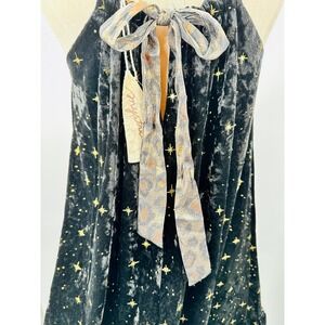 NWT Blk Velvet Metallic Gold Star Print Halter Dress Fairy Grunge Whimsy Goth S